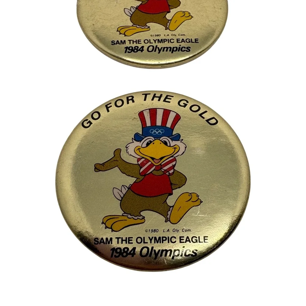 2 Vintage 1980s Sam the Olympic Eagle 1984‎ Los Angeles Olympics Button Pin